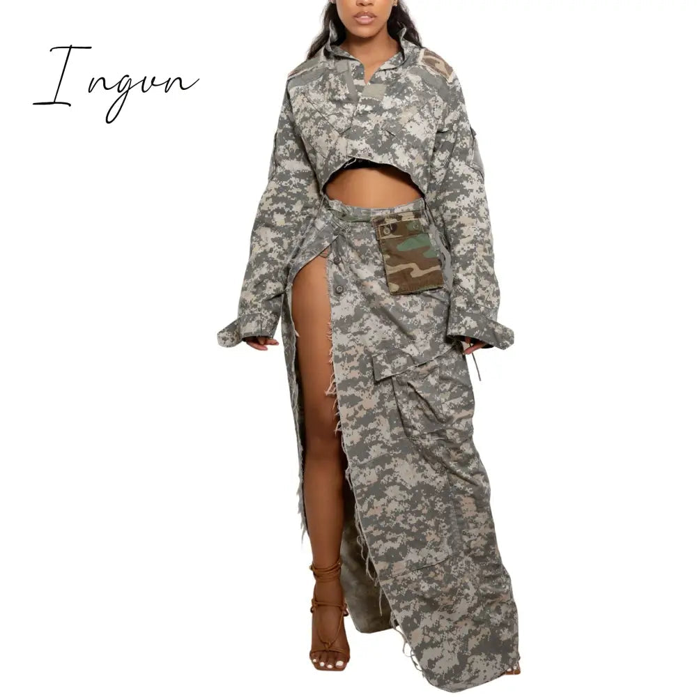 Ingvn - 2023 Summer Camo Skirt High Split Cargo Novelty Skirts for Women