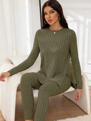 Casual Ribbed Knit Two-piece Set, Split Hem Long Sleeve Top & Slim Pants Outfits, Women's Clothing