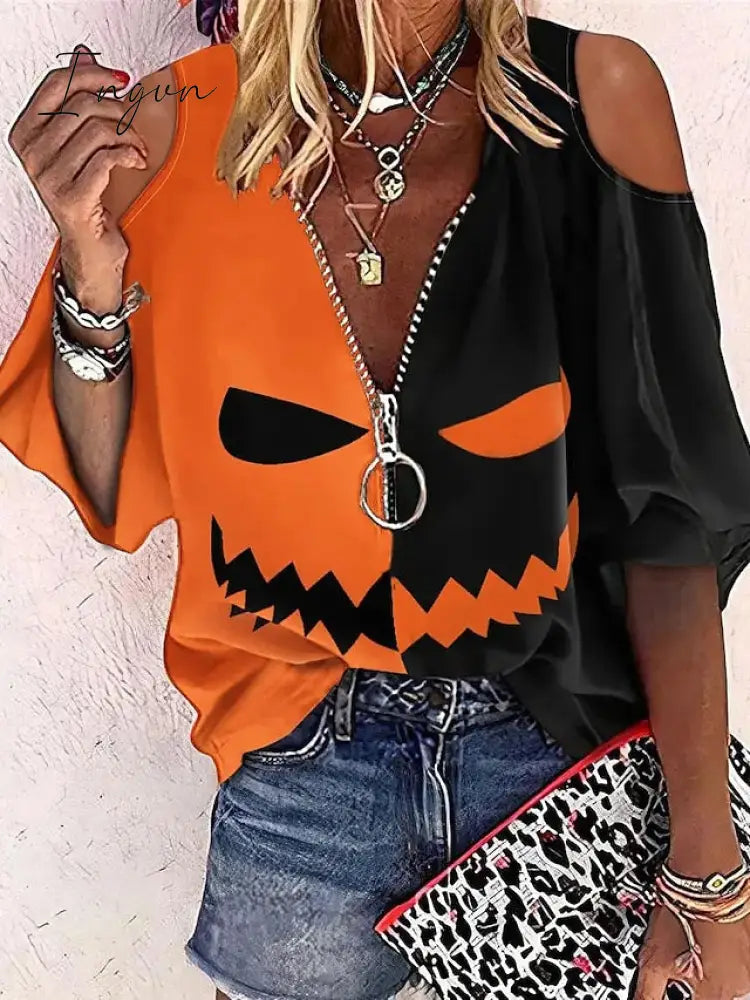 Ingvn - Women's Shirt Blouse Orange Pumpkin Ghost Cut Out Quarter Zip 3/4 Length Sleeve Halloween Weekend Streetwear Casual V Neck Regular S