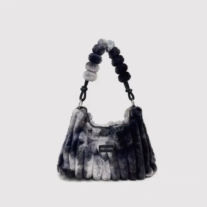 Ingvn  Tie-dye Womens Tote Bag Athletic Plush Chain Autumn and Winter Shopper Shoulder Bag Fluffy Large Capacity Ladies Handbag