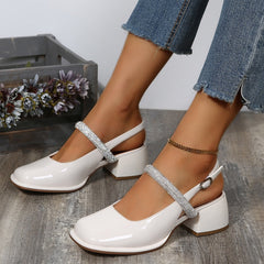 Women's Sandals Thick Heel Square Toe Classic Female Mary Jane Shoes  Design Elegant Shallow Single Shoes Patent Leather