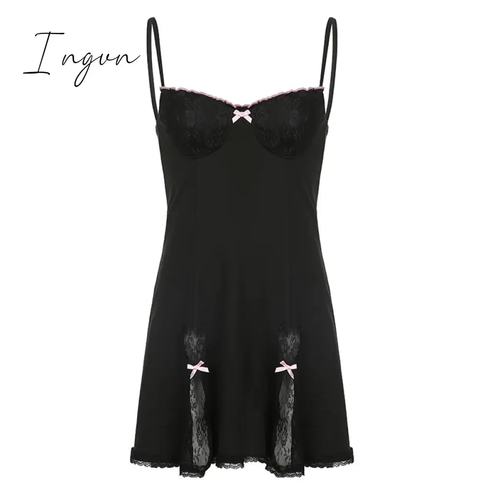 Ingvn - Lace Patchwork Dress Pink Sleeveless Kawaii Sundress Sweet Japanese Style Aesthetic Outfit Y2K Beach Outfit Sexy Hot