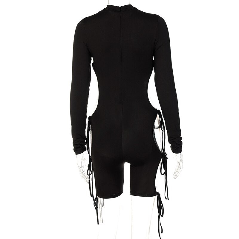 Solid Long Sleeves O Neck Cut Out Drawstrings Bandage Playsuit  Summer Fall Bodycon Sexy Party Club Elegant Y2K