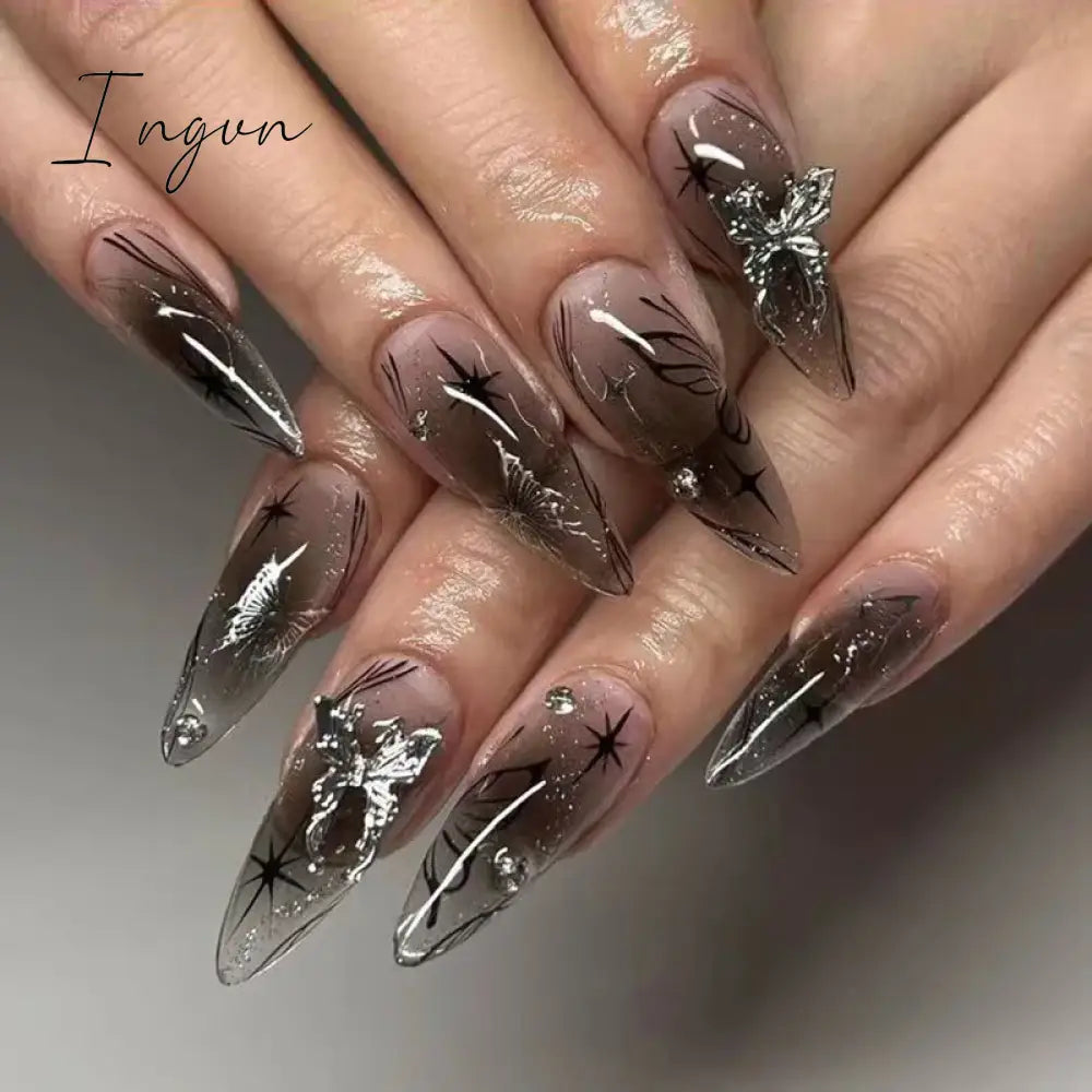 24pcs y2k Sliver Cool Fake Nails Goth Style 3D False Nail Patch Lady Women Wearable Detchable Artificial Nails Patches for Girls