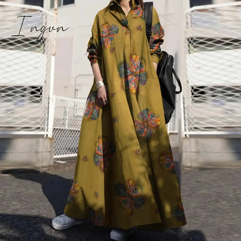 Ingvn - Summer Stylish Women Vintage Long Sleeve Loose Sundress Casual Long Maxi Dress Kaftan Femme Solid Party Vestido Robe