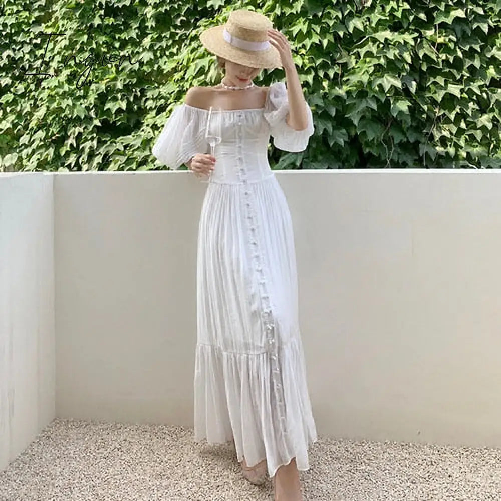 Ingvn - Women Dress 2023 Summer French Elegant Temperament Seaside Vacation Clothes Puff Sleeve Square Neck White Beach Dresses