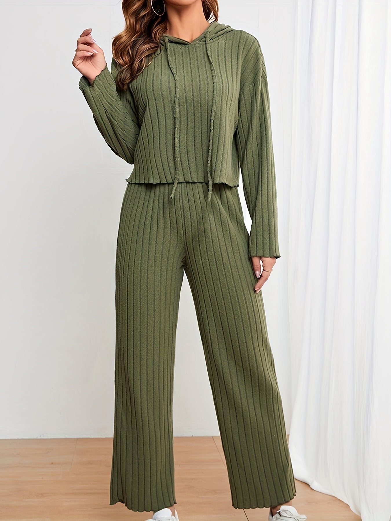 Two-piece Set, Casual Solid Ribbed Drawstring Long Sleeve Hoodie & Wide Leg Pants Outfits for Women