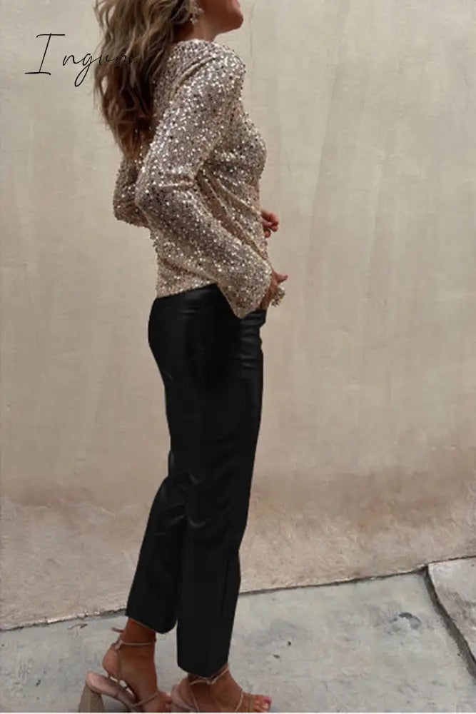 Ingvn - Sinclair Metallic Faux Leather High Rise Pocketed Straight Pants