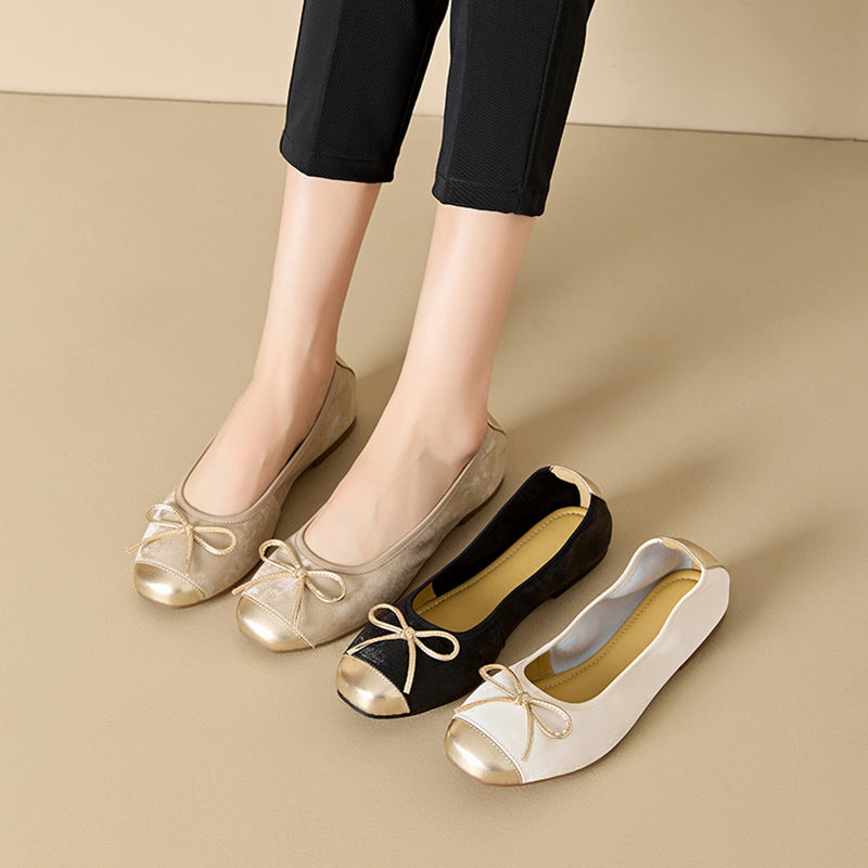 Spring Sheepskin Small Single-layer Shoes Women's Korean Style Bow Tie-up Small Leather Shoes Slip-on plus size Shoes