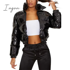 Ingvn - Bubble Coat Women's 5 Colors Fashion Long Sleeve Solid Zipper Cropped Puffer Jacket Thick Lady Winter Casual Warm Outfits S-2XL