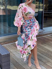 Summer New Ladies Fashion Tube Top Single Sleeve + Waist Splicing Skirt Sexy Elegant Ladies Asymmetric Skirt Suit