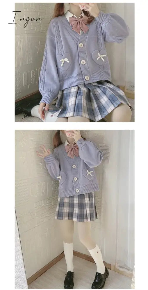 Ingvn - Spring Japan Kawaii Fashion Pink Cardigan Women Vintage Crop Knitted Sweater Cute Bow Heart Korean JK School Coat
