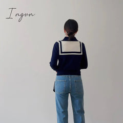 Ingvn - Women Wool Blend Navy Classic Chic Sweater 2023 Fall Winter New In