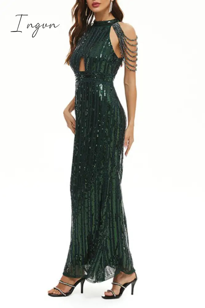 Ingvn - Celebrities Elegant Solid Sequins Patchwork O Neck Evening Dress Dresses