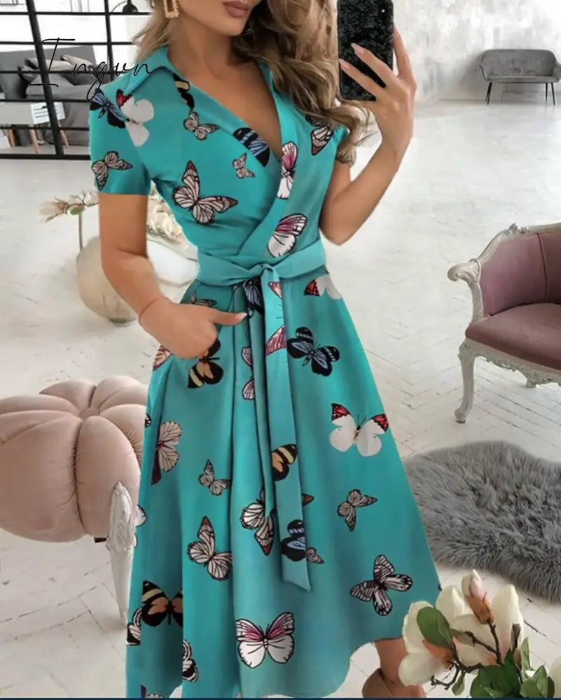 Ingvn - Spring and Summer Fashion New Party Dress Short-sleeved V-neck Retro Dress with Printed Belt