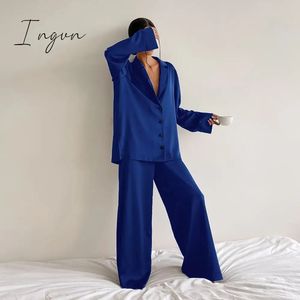 Ingvn - Oversized Satin Silk Sleepwear Low Cut Sexy Pajamas For Women Single-Breasted Long Sleeves Wide Leg Pants Trouser Suits