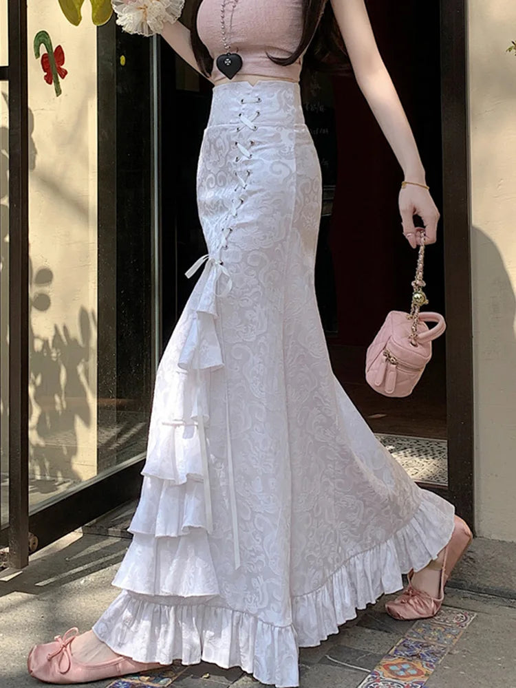 Print Vintage Long Skirt Women Casual Ruffles England Sweet Trumpet Skirts Retro Lace Up Elegant Female Design Long Skirt
