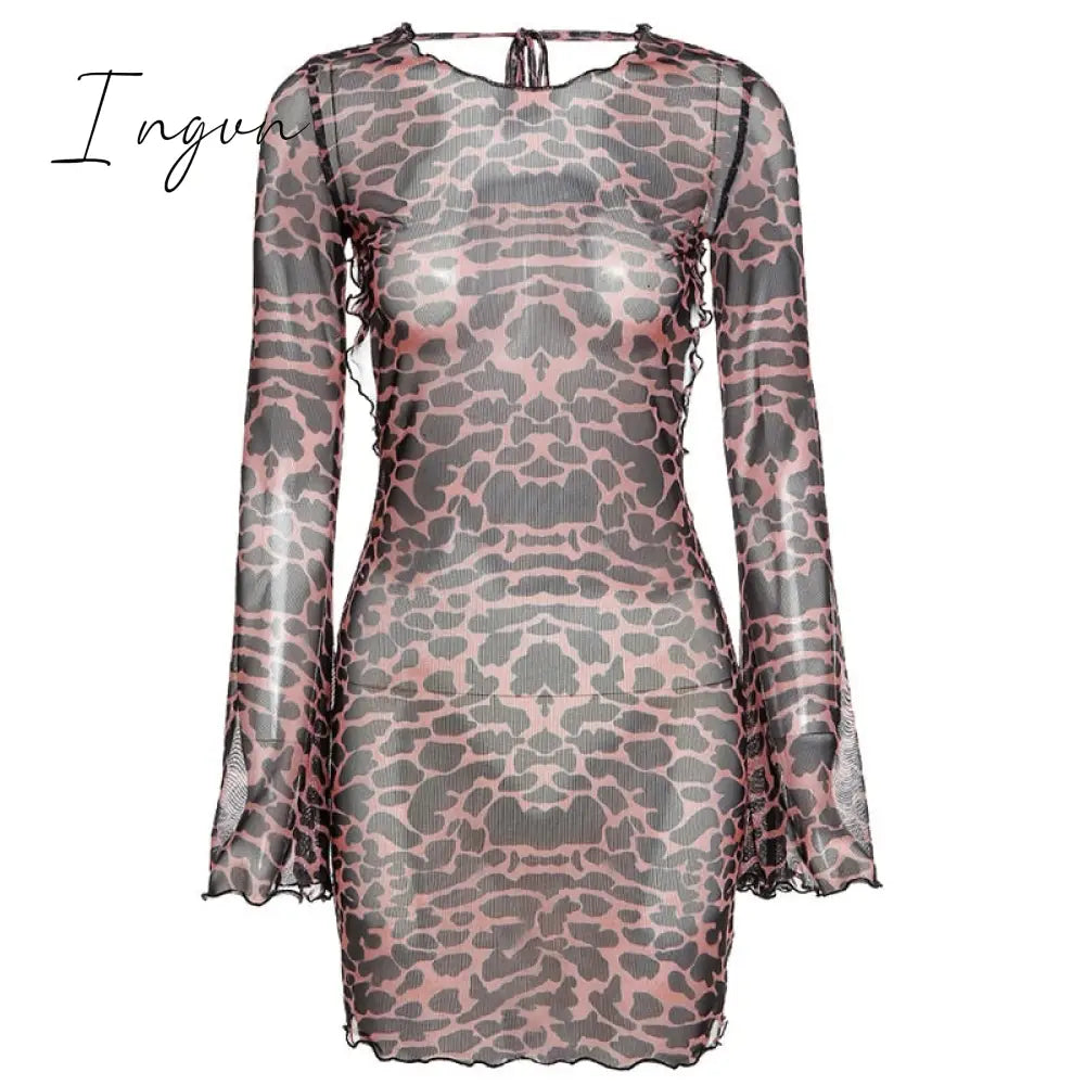 Ingvn - Summer Dresses For Women Leopard Print Backless Dress Women Long Sleeve Mesh Dress Spring Halter Transparent Sexy Club Dress Vestidos