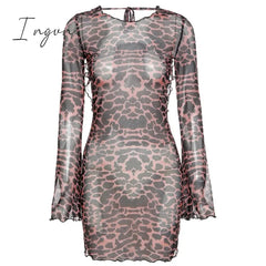 Ingvn - Summer Dresses For Women Leopard Print Backless Dress Women Long Sleeve Mesh Dress Spring Halter Transparent Sexy Club Dress Vestidos