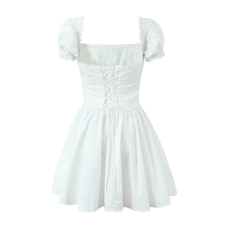 New Women Sexy Off Shoulder White Mini Dress Short Sleeve Low Waist Lace Up Back Sweet Summer Dresses Cotton Robe