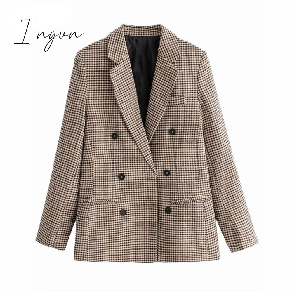 Ingvn - Fashion Autumn Women Plaid Blazers and Jackets Work Office Lady Suit Slim Double Breasted Business Female Blazer Coat Talever