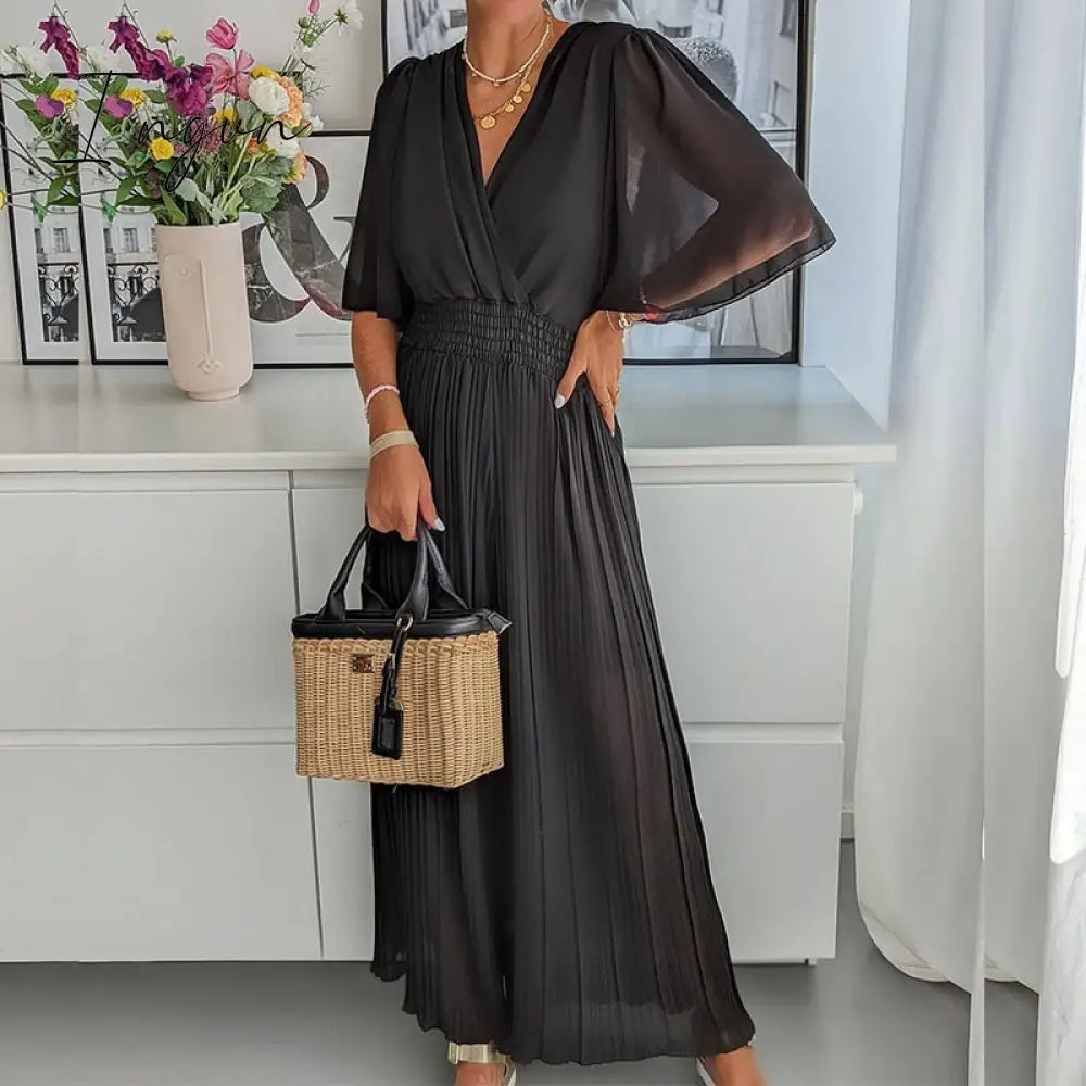 Ingvn - Women V Neck Short Sleeve Office Romper Elegant Casual Solid Color Long Jumpsuits Fashion Simple Elastic Waisted Pleated Rompers