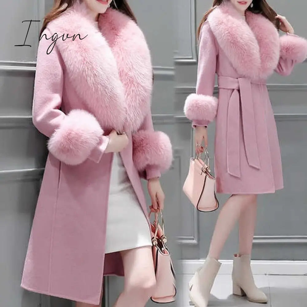 Ingvn - Fur Woolen Coat =New Women  Knee Mid-length Korean Fashion Big Fur Collar Beautiful Cloak Red Pink White Camel S To 3XL