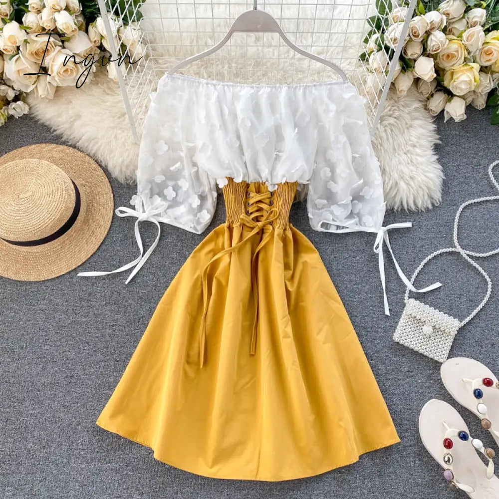 Ingvn - Spring Outfits Sexy Off Shoulder patchwork Summer Short Dress Party flower chiffon Slim waist lace up Women casual A-Line beach dress