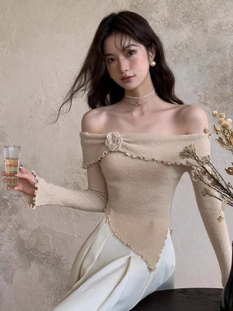 Korean Fashion Off Shoulder Sweater Women Fairycore Aesthetic Knitted Jumper Mujer Chic Elegant Long Sleeve Top Spring
