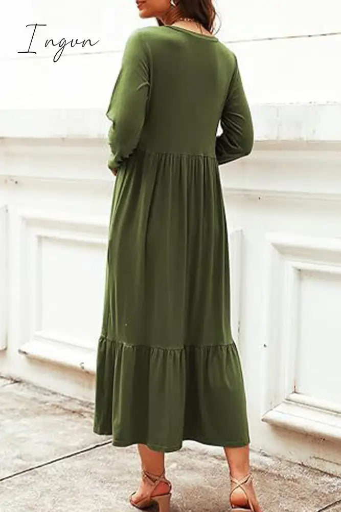 Ingvn - Casual Solid Patchwork Pocket O Neck A Line Dresses