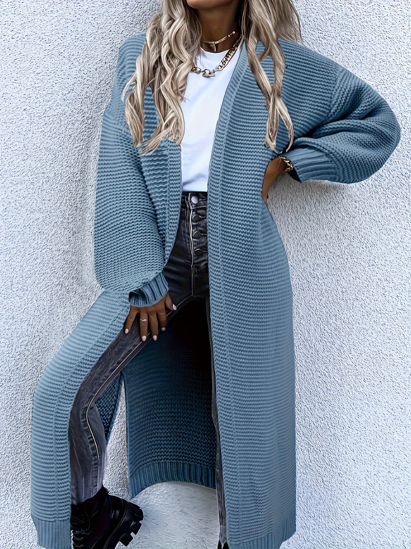 Women's Stylish All-Season Cardigan - Durable Knit with Chic Solid Color, Micro Elasticity, Open Front, and Side Splits