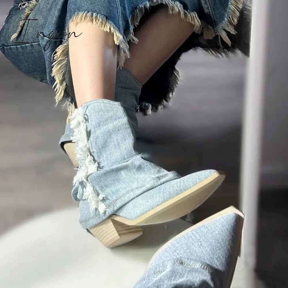 Ingvn - Pleats Blue Denim Thigh High Boots for Women 2023 Autumn Thick Heeled Pointed Toe Cowboy Boots Woman Slip On Western Long Boots