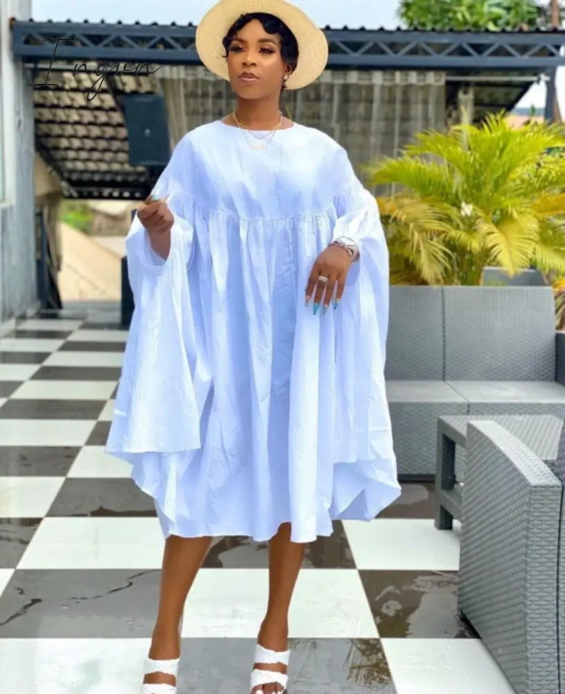 Ingvn - Women Loose Dresses O Neck Pleated Casual Fashion Large Size Ladies Female African Fashion Spring Summer New Baggy Robes