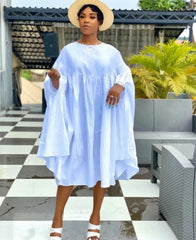 Ingvn - Women Loose Dresses O Neck Pleated Casual Fashion Large Size Ladies Female African Fashion Spring Summer New Baggy Robes