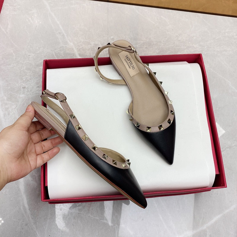 Women Flats Shoes Rivet Shoes with Buckles Pointed Toe Patent Leather Gladiator Sexy Stud Women Ballet Flat Shoes Sandals
