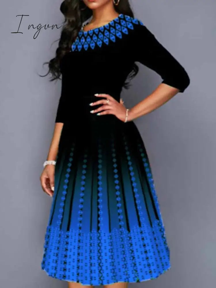 Ingvn - Women's Work Dress Swing Dress Church Dress Midi Dress Red Royal Blue Blue 3/4 Length Sleeve Print Print Summer Spring Crew Neck Elegant 2023 S M L XL XXL 3XL 4XL 5XL