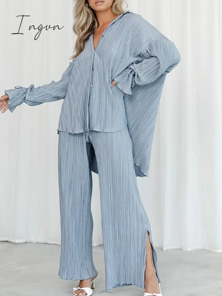 Ingvn - Women's Shirt Pants Sets Black White Light Green Solid Color Long Sleeve Casual Daily Fashion Shirt Collar Regular Fit Spring &  Fall