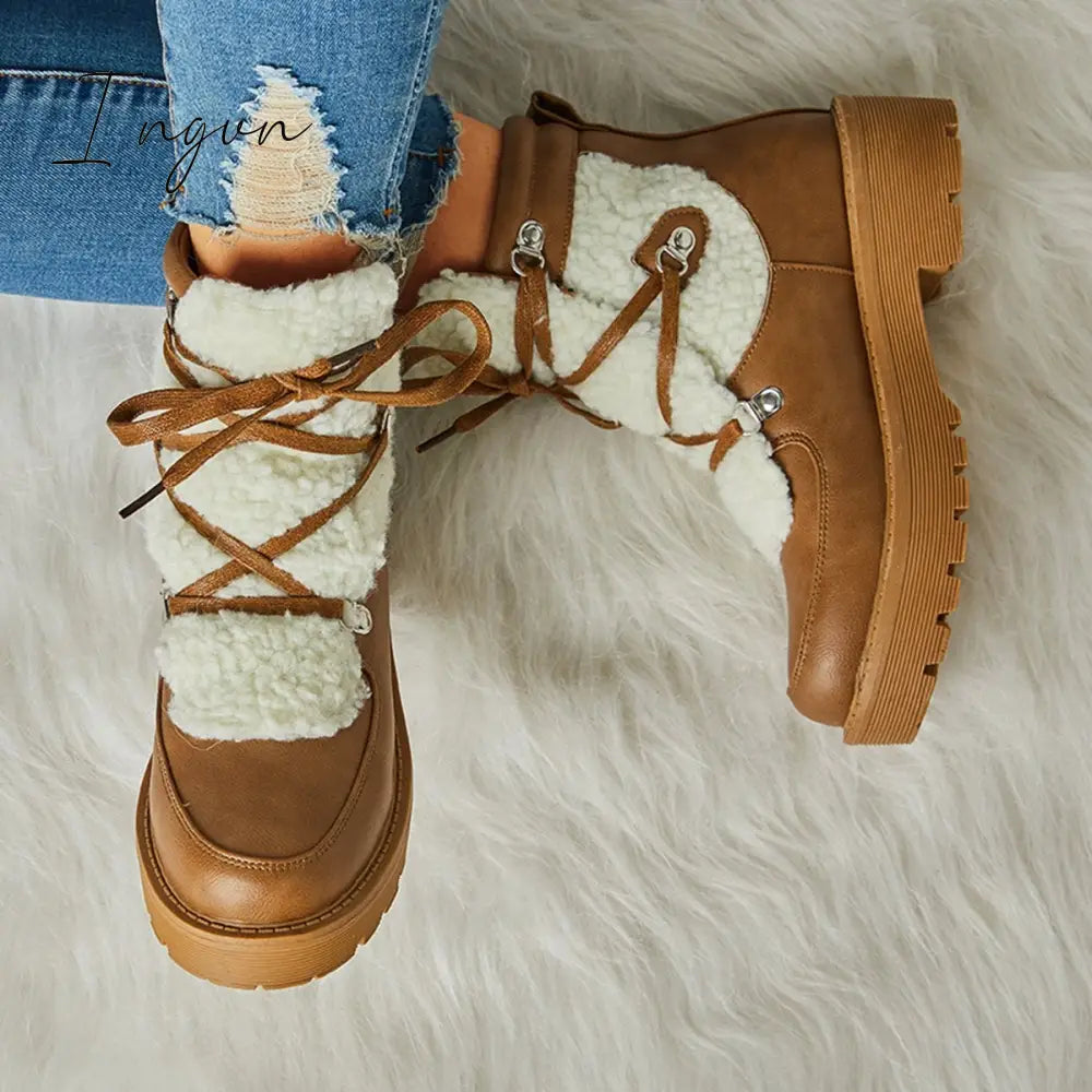 Ingvn - Women's Faux Shearling Stiching Lace Up Snow Boots