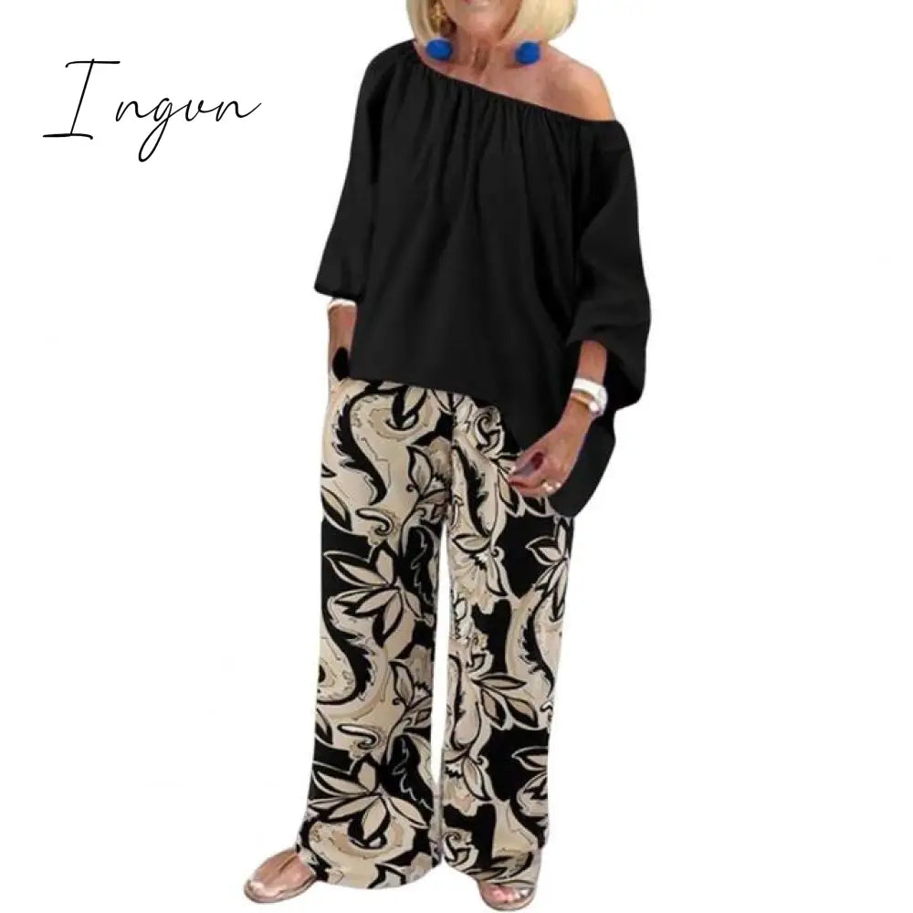Ingvn - Pants Sets Fashion One Shoulder 3/4 Sleeve Tops Floral Print Wide Leg Trouser Women Two Piece Sets Casual Loose Suit