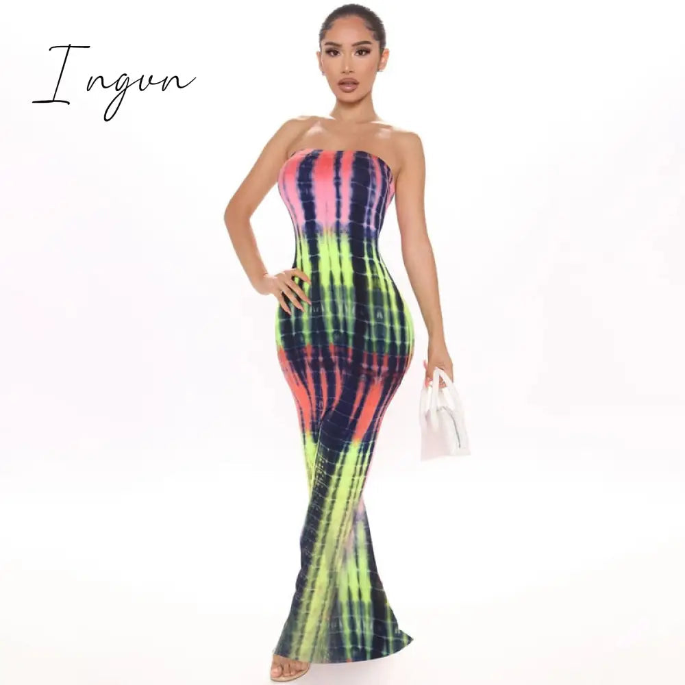 Ingvn - Stripe Tie Dye Print Sexy Maxi Dress Spring Casual Long Dress Women Nightclub Long Sleeve Bodycon Dresses C70CC31