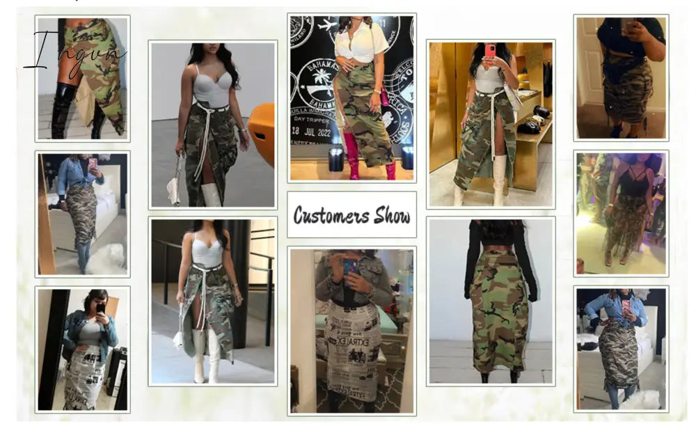Ingvn - 2023 Summer Camo Skirt High Split Cargo Novelty Skirts for Women