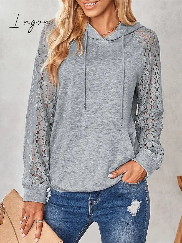 Ingvn - Women's Hoodie Sweatshirt Pullover Basic Drawstring Front Pocket Blue Gray Solid Color Casual Hoodie Long Sleeve Top Micro-elastic Spring &  Fall