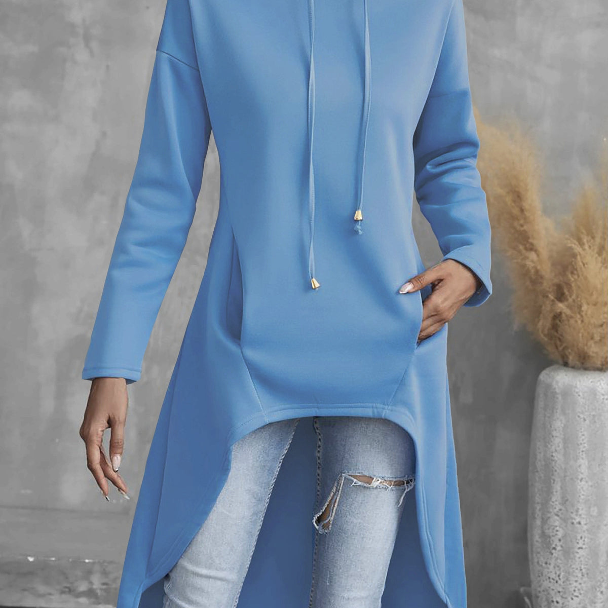 Solid Color Hig-low Hoodie, Casual Long Sleeve Drawstring Hoodie Sweatshirt, Women's Clothing