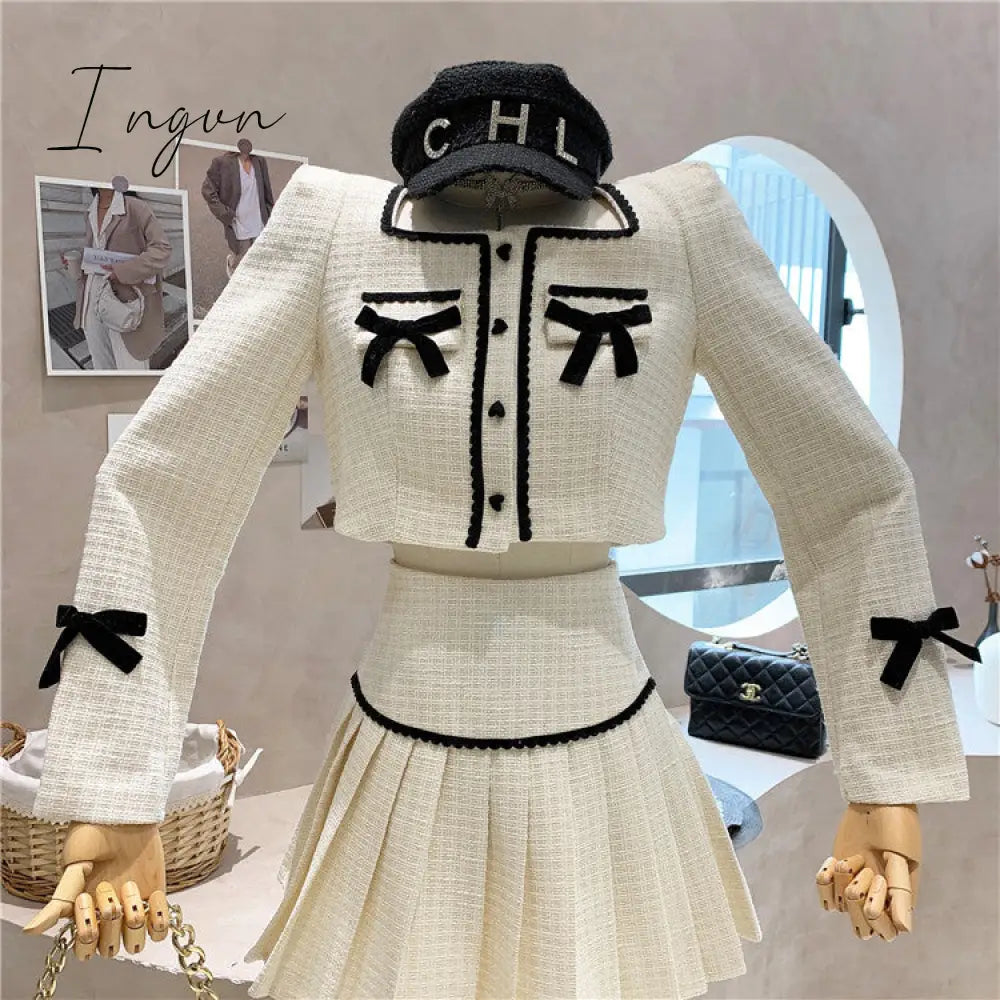 Ingvn - Small Fragrance Tweed 2 Piece Set Women Bow Short Jacket Coat + Skirt Suits Korean Sweet Outfits French Vintage Two Piece Sets