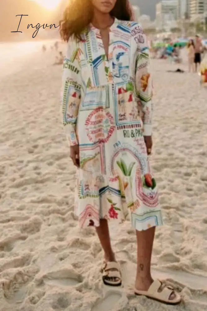 Ingvn - Casual Geometric Printing O Neck Shirt Dress Dresses