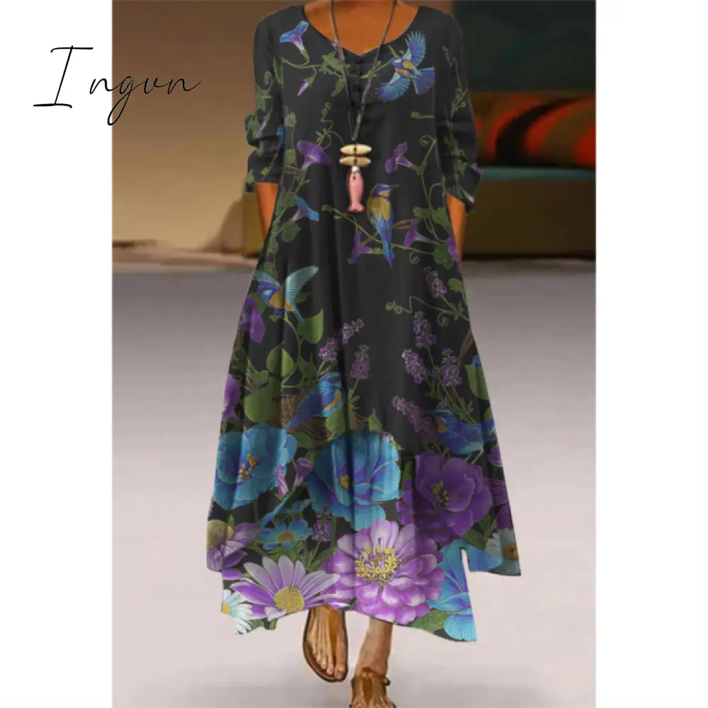 Ingvn - Fashion Summer Maxi Dress Women's Printed Sundress Casual Short Sleeve Vestidos Female High Waist Robe Femme midi elbise