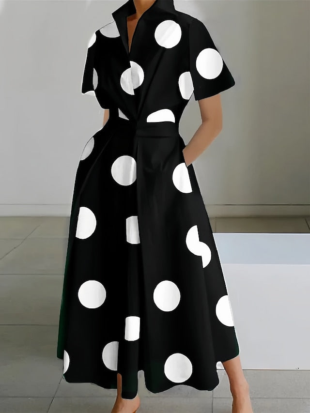 Ingvn - Women's Shirt Dress Casual Dress Maxi long Dress Outdoor Daily Vacation Polyester Fashion Elegant Shirt Collar Button Pocket Short Sleeve Summer Spring 2023 Loose Fit Black And White Black White