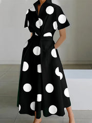 Ingvn - Women's Shirt Dress Casual Dress Maxi long Dress Outdoor Daily Vacation Polyester Fashion Elegant Shirt Collar Button Pocket Short Sleeve Summer Spring 2023 Loose Fit Black And White Black White