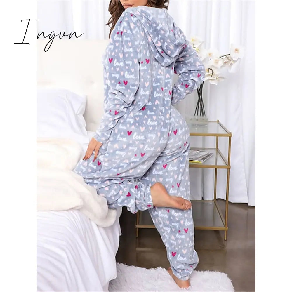 Ingvn - Women's Pajamas Jumpsuit Leopard Star Warm Comfort Plush Home Christmas Flannel Warm Breathable Hoodie Long Sleeve Pocket Fall Winter Leopard Print Moon blue