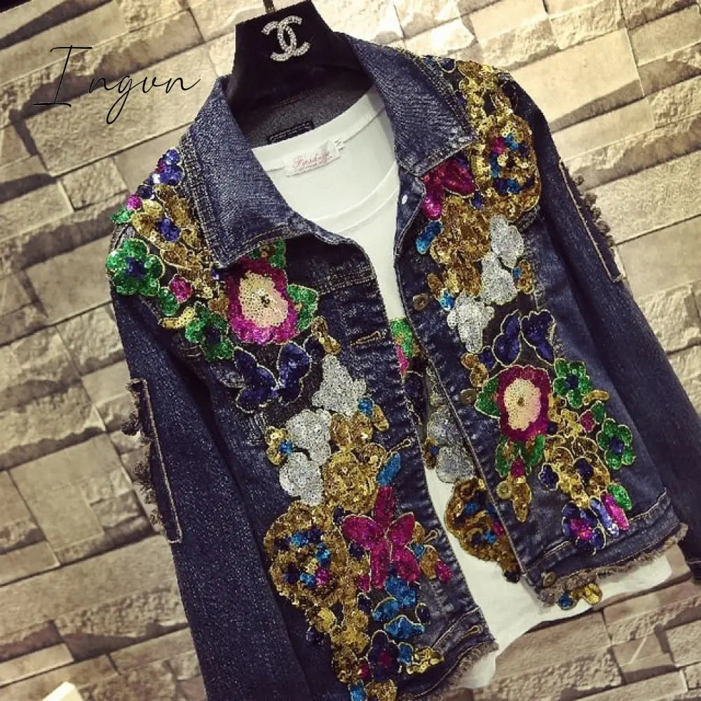 Ingvn - European Style Denim Suit Fashion Outfit Women New Flower Sequined Denim Jacket Short Jacket &amp; Jeans Pants Two-Piece Set Female